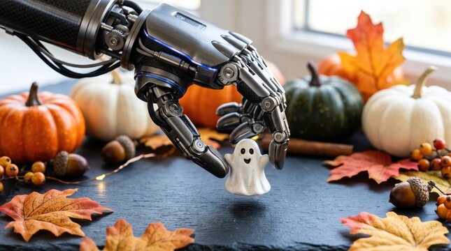 A robotic hand holds a small ghost figurine amidst autumn leaves, pumpkins, and acorns, blending technology with a festive Halloween theme.