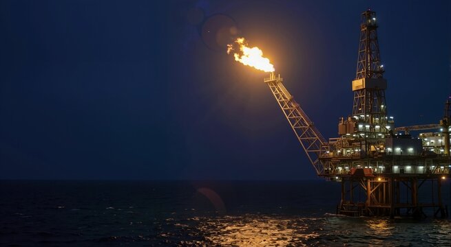 Oil rig flare stack burning at night. Offshore energy production and gas flaring