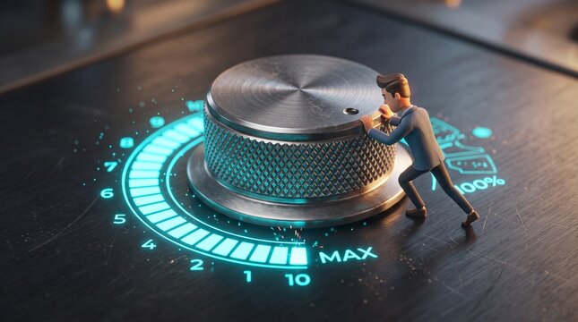 Avatar Turning Knurled Potentiometer Knob to Maximum Level