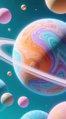 Fototapeta premium Colorful planets float in deep blue cosmic space. Large gas giant with bright rings dominates galaxy scene. Small moons, various celestial bodies drift through dreamy universe. Abstract digital art