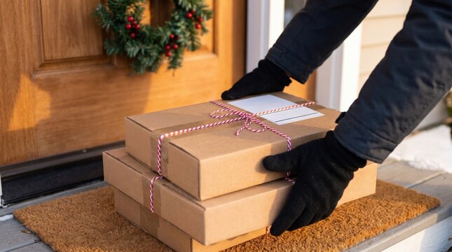 A person wearing black gloves places two tied cardboard boxes on a doormat outside a front door decorated with a Christmas wreath.