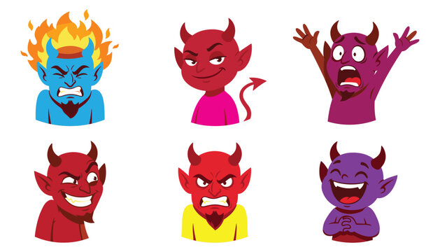 Little devil cartoon character emoji vector set. Evil demon expressions, angry blue fire head, smiling, scared, laughing, red horns, tail and funny halloween monsters.