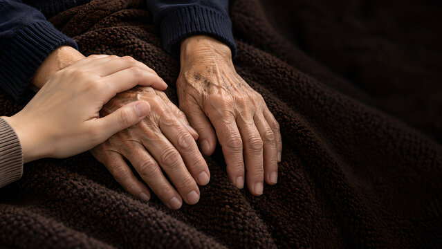 Geriatric care with elderly hands held by supportive caregivers in realistic close up photographs with a dark background, warm light and copy space for healthcare posters and patient education