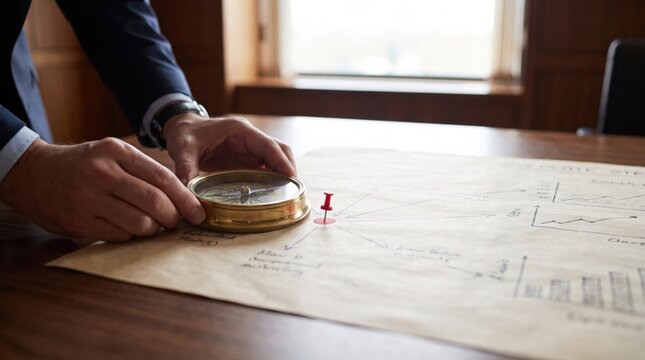 A person in a suit holds a compass over a nautical chart pinned on a wooden table near a window.