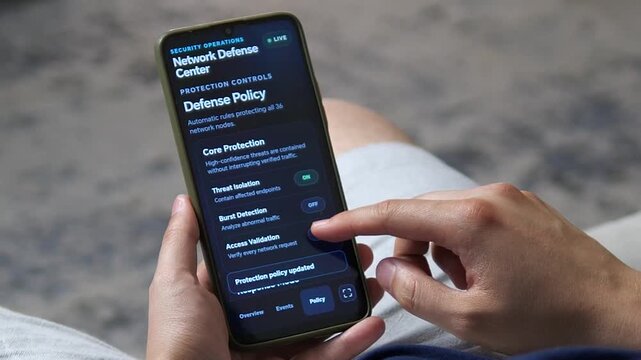 User configures automated network defense policies on a smartphone, enabling threat isolation, access validation and adaptive response controls for modern cybersecurity.