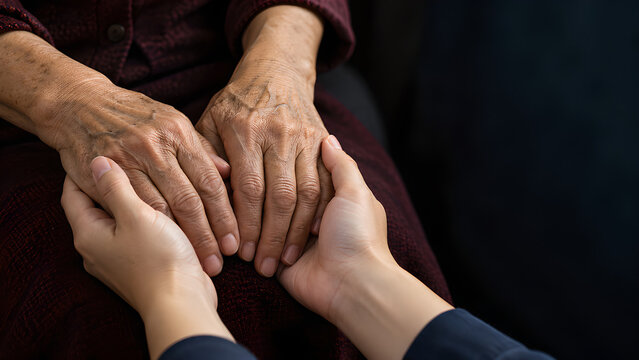 Geriatric care with elderly hands held by supportive caregivers in realistic close up photographs with a dark background, warm light and copy space for healthcare posters and patient education
