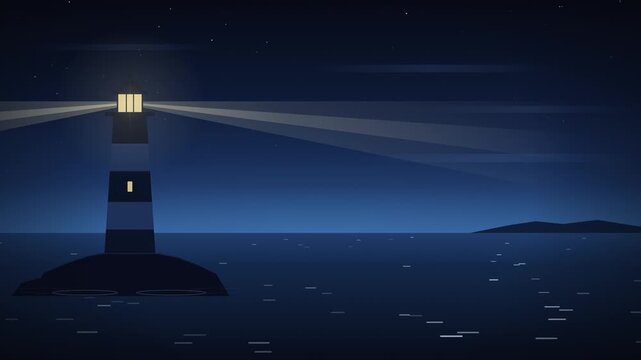 Lighthouse Beam Sweeping Over Calm Night Sea Seamless Loop Background