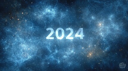Fototapeta premium Happy New Year 2024 Celebration Banner with Glowing Neon Number Typography on Dark Nebula Space