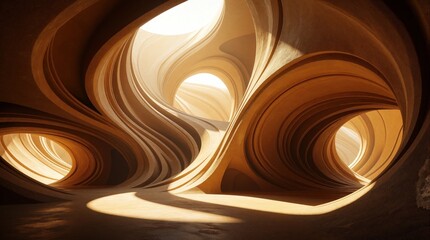 Fototapeta premium Abstract architectural interior with organic swirling forms, smooth curves. Warm light shines through large openings in beige sand stone structure. Modern sculptural design creates deep perspective,