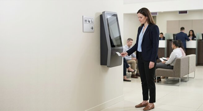 Queue number ticket dispenser in bank. Banking services and financial administration