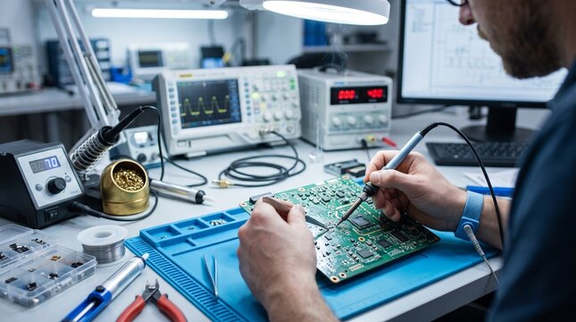 Engineer soldering circuit board in electronics lab with precision tools