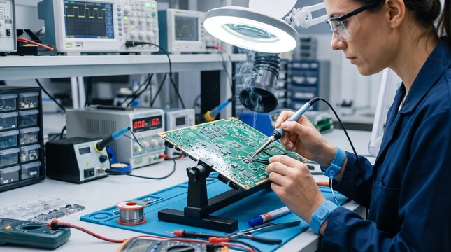 Female engineer soldering a circuit board in a modern electronics laboratory