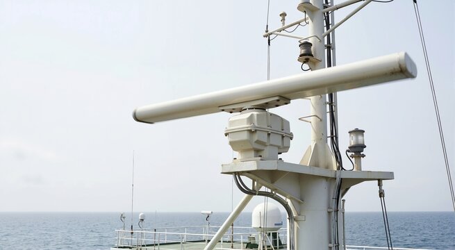 White ship radar antenna. Close view of maritime navigation equipment