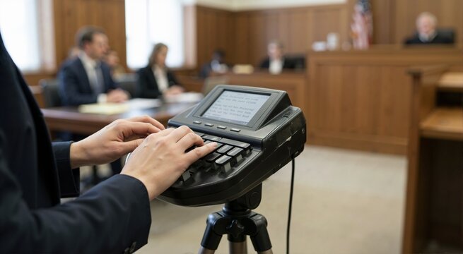 Close view of court stenographer machine. Legal procedures and justice administration