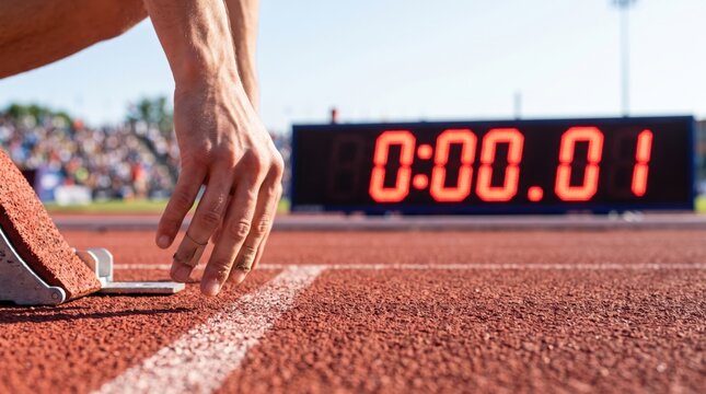 A sprinter's hand at the starting line on a running track with a digital timer showing 0:00.01 in the background.