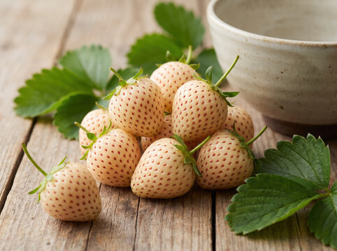 Fresh pineberries with green leaves arranged on a rustic wooden table next to a ceramic bowl
