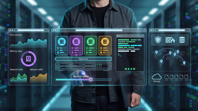 Data center and cloud VPS, server racks, hypervisor configuration and system monitoring.