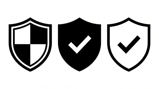 Verified security shield icons with checkmark and checkered pattern, protection symbol set