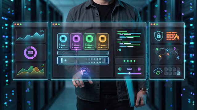 Cloud hosting and VPS, server racks in data center, virtual machine management and network security.