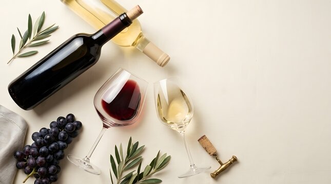 An elegant still life featuring two wine bottles  two filled wine glasses  a cluster of dark grapes  and olive branches on a textured fabric background