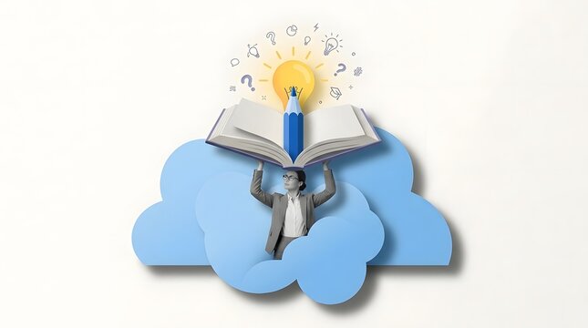 A person in a suit holds an open book aloft  with a pencil forming a glowing light bulb above  emitting symbols of ideas and questions against a blue cloud
