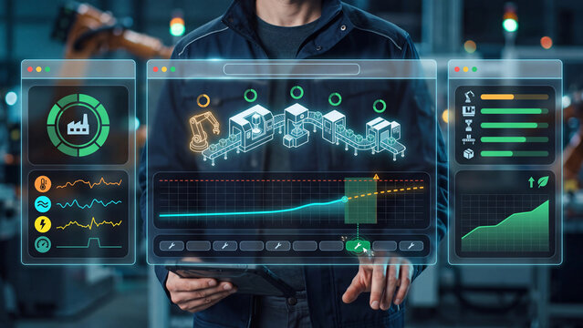 Robotic manufacturing, predictive line maintenance, inspector checking robot diagnostics and operating parameters.