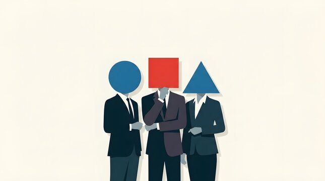Three minimalist human like figures dressed in business suits  each with a distinct geometric head shape   circle  square