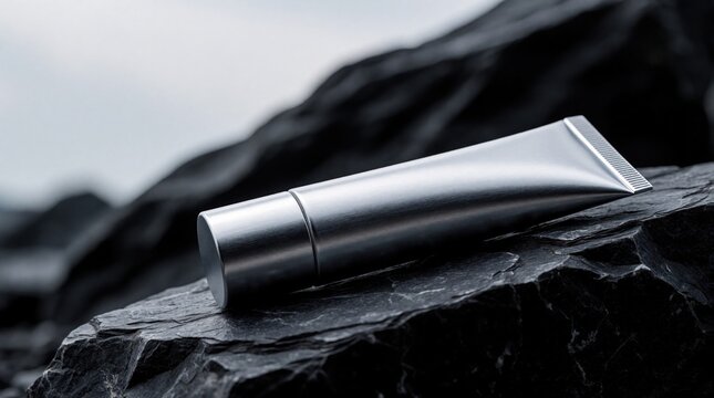 Silver metallic tube lies on dark gray rock in wild nature. Minimalist cosmetic packaging rests on rough stone surface outdoors. Metal container for skincare sunscreen sits among mountain landscape.