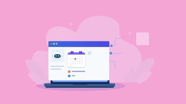 Flat vector animation showing a laptop calendar interface connected to notification, scheduling, and verification icons for digital planning and appointment management.