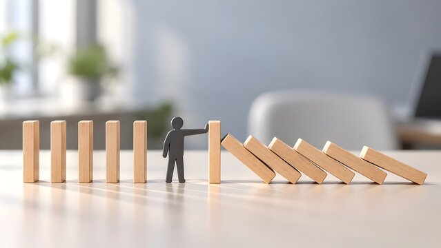 Dark miniature figure halting a domino effect representing leadership intervention and proactive risk management