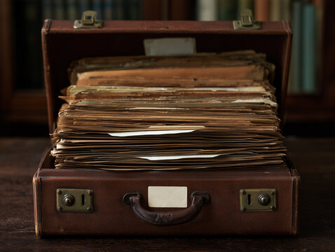 Open vintage leather suitcase filled with old document files and folders