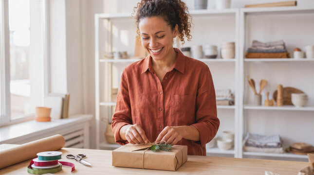 Woman packing a box product or gift at table in workshop