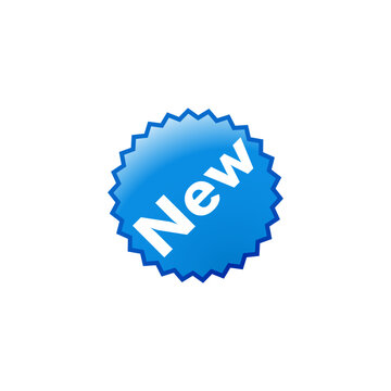 Bold blue circular jagged-edge badge with white &ldquo;New&rdquo; text, ideal for product launches, promotions, and highlighting updated features in digital or print design.