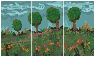 Abstract Landscape Painting - Triptych - pixel art - digital painting. Painted on a tablet. © neurostructure