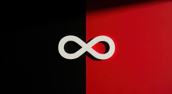 White infinity symbol on black and red background