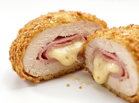 Delicious Chicken Cordon Bleu sliced open to reveal melted cheese and ham inside with a crispy golden breadcrumb coating