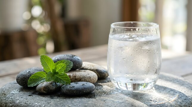 A glass of water with droplets  surrounded by rounded stones and a sprig of mint  resting on a textured stone surface under soft daylight