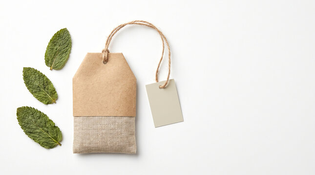 Tea sachet with peppermint leaf on white background for natural herbal infusion concept