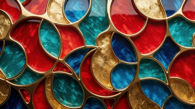 Seamless abstract stained glass texture with golden frames. Vivid red, teal, blue colors create geometric pattern. Glossy lacquer finish with gold metallic details. Elegant luxury background for