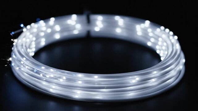 A reel of cool white LED rope light glows intensely against a black background, with tiny glints of light sparkling around its circular form.