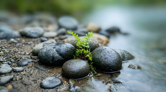 A delicate green fern emerges from the soil nestled among dark  rounded stones at the water s edge  where gentle ripples flow past in a serene natural environment