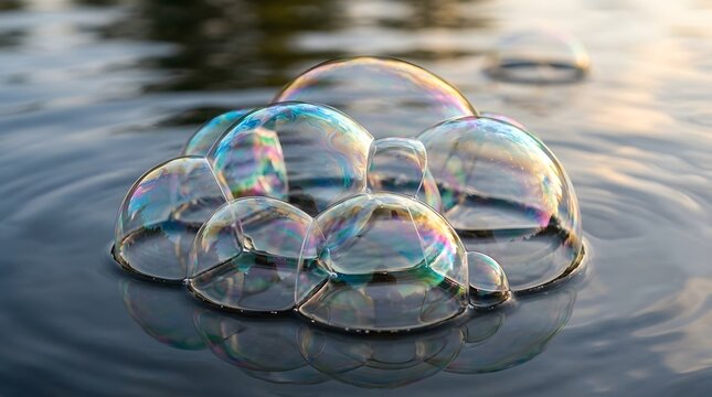 A group of translucent soap bubbles with rainbow reflections rests on the still surface of water  creating a tranquil and visually captivating scene