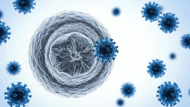Cell with several clearly visible Rift Valley fever virus particles slowly moving nearby