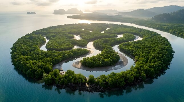 A serene river curves gracefully through a dense mangrove forest  bordered by tranquil waters and misty hills in the distance under a gentle morning glow