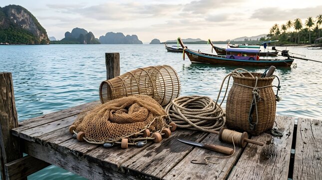 Traditional fishing equipment such as woven nets  bamboo baskets  and coiled rope are placed on a weathered wooden dock