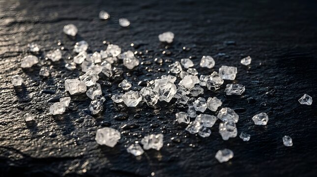 Clear  multifaceted crystals rest on a damp  dark  rough surface  catching light and reflecting it with sharp edges and sparkling highlights