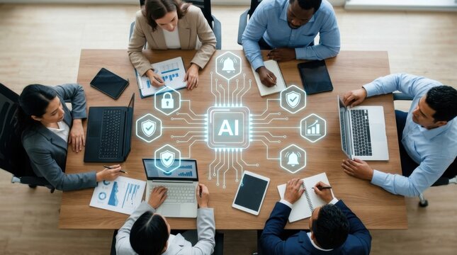 diverse business team collaborating around a wooden conference table with advanced ai technology concepts
