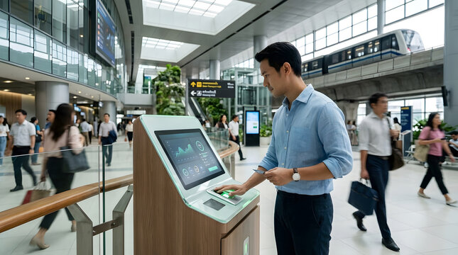 A man uses a public health kiosk in a busy transit station  with commuters walking and a train on an elevated track in the background