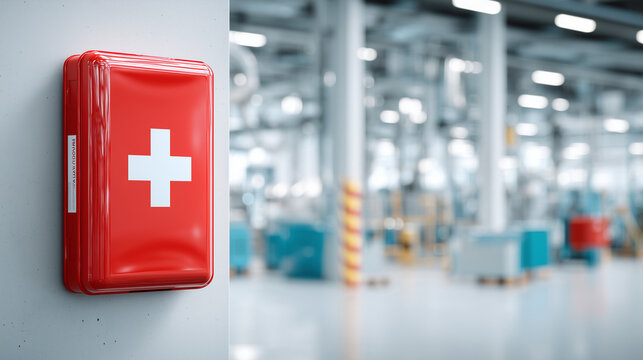 Bright red wall-mounted emergency first aid box in an industrial facility, featuring a white medical cross and clean copy space for workplace safety and emergency preparedness concepts.