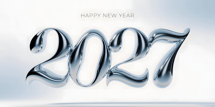 Happy new year 2027 with shiny chrome numbers on bright white background.